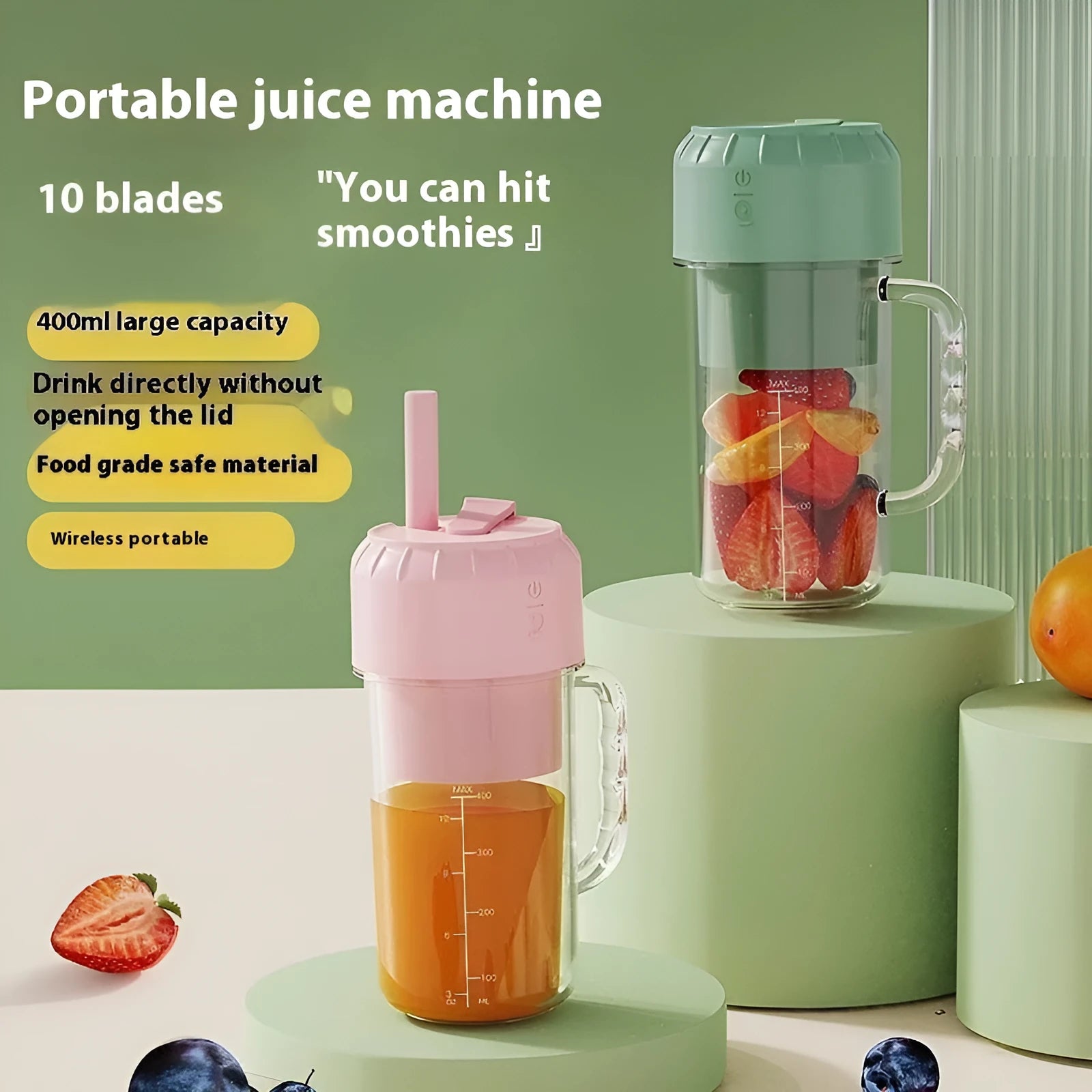 Portable USB powered personal juicer in cherry blossom pink colour with plastic housing