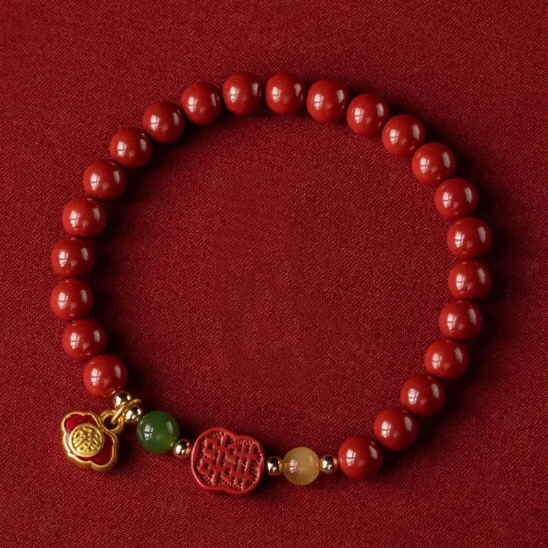 Cinnabar bracelet with emperor sandstone beads and fu character symbol in new Chinese style