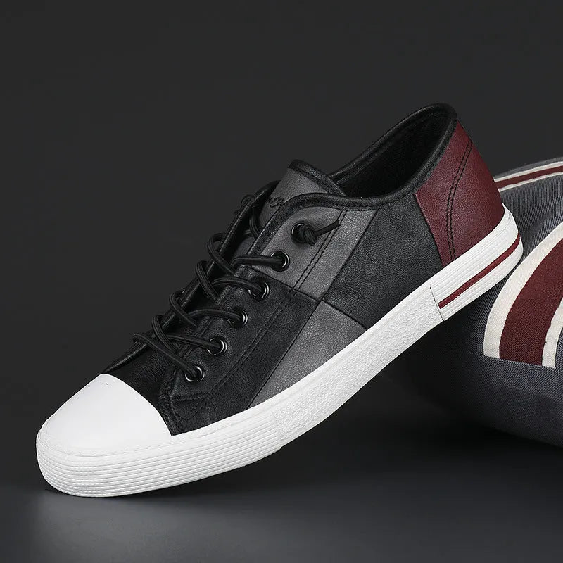 Men's colour matching leather shoes with round toe, flat heel, and elastic band closure