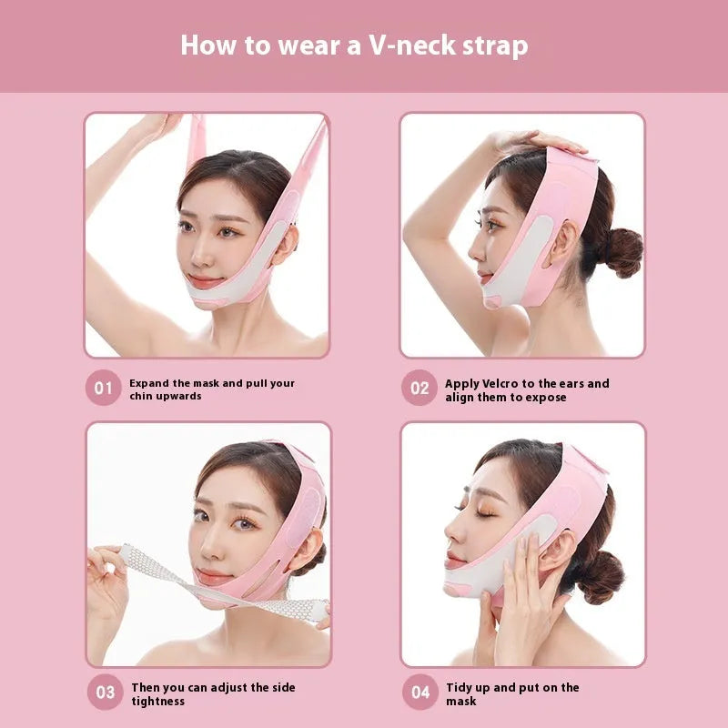 Pink elastic V face bandage for facial contouring and skin tightening with adjustable design