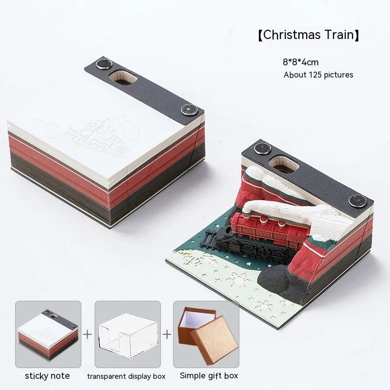 3D paper carving sticky notes notepad depicting Qingshui Temple with Christmas Train coloured cover.
