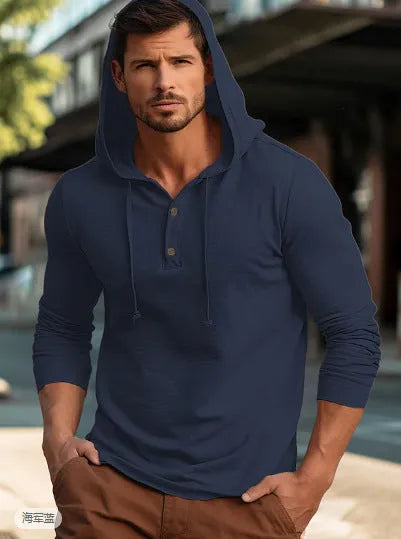 Men's dark blue cotton pullover hoodie with long sleeves on a hanger