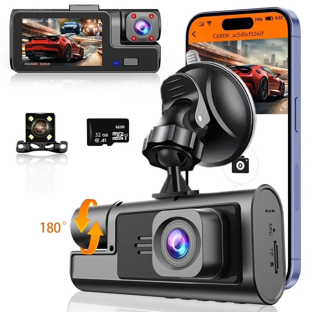 WiFi car dash cam with front and rear cameras showing on 2.0 inch screen with data cable for mobile phone connection