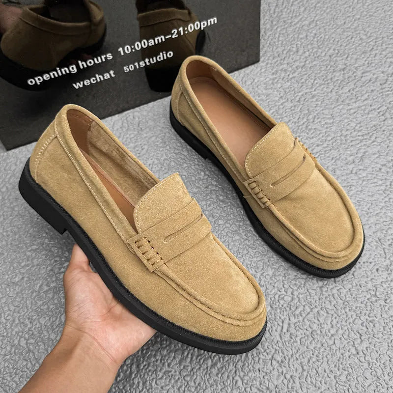 Men's slip-on casual shoe in microfiber and PU available in black, beige, apricot, and brown.