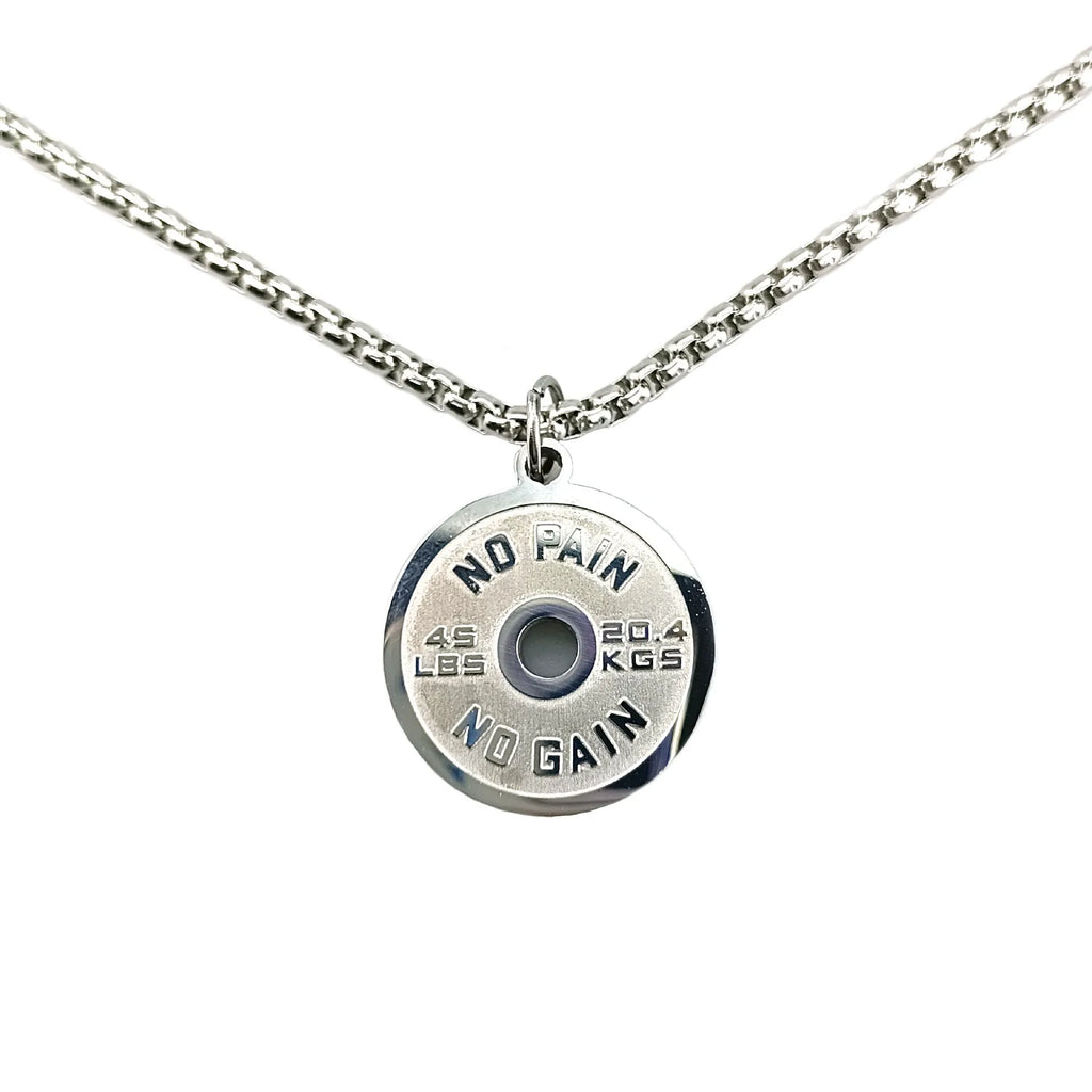 Stainless steel geometric barbell disk necklace with polished finish and chain options