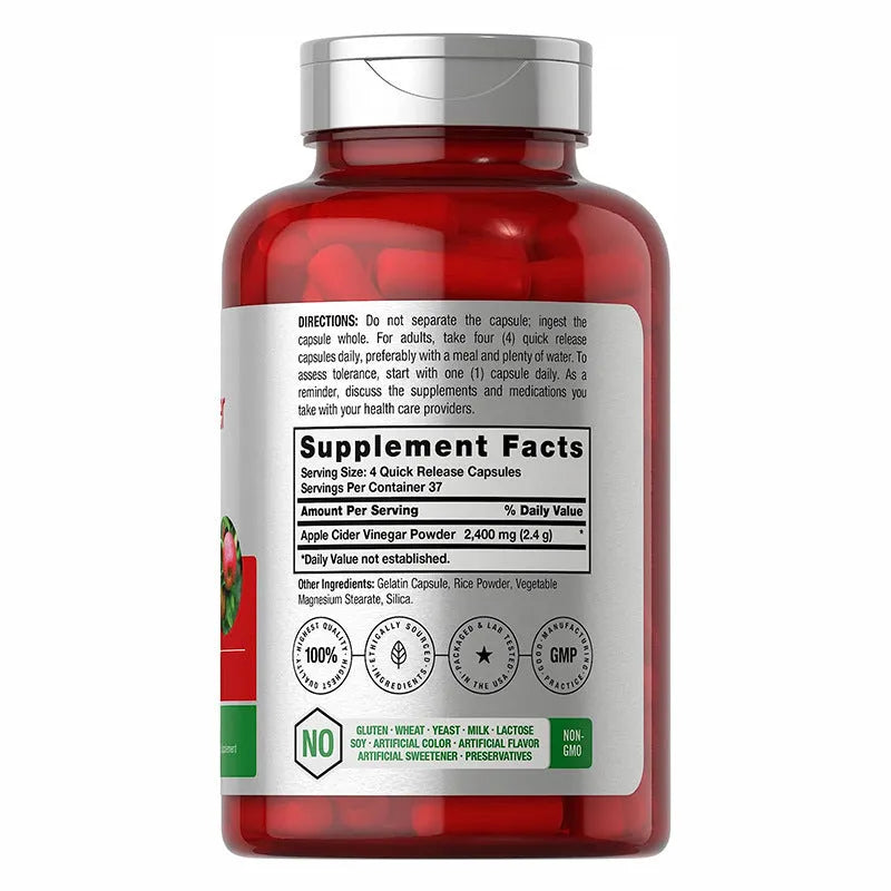 A bottle of 150 apple vinegar health supplement capsules.