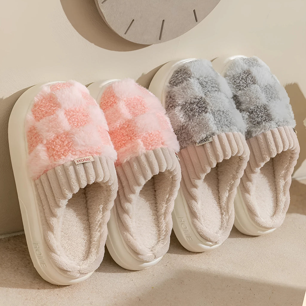 Women's plaid plush slippers in grey with a thick coral velvet upper and textured PVC sole.