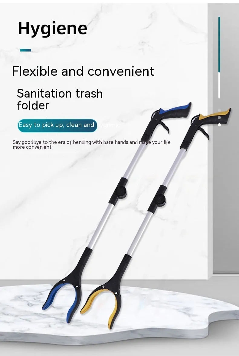 Folding silver aluminium garbage clamp with blue handle extended to 80cm length