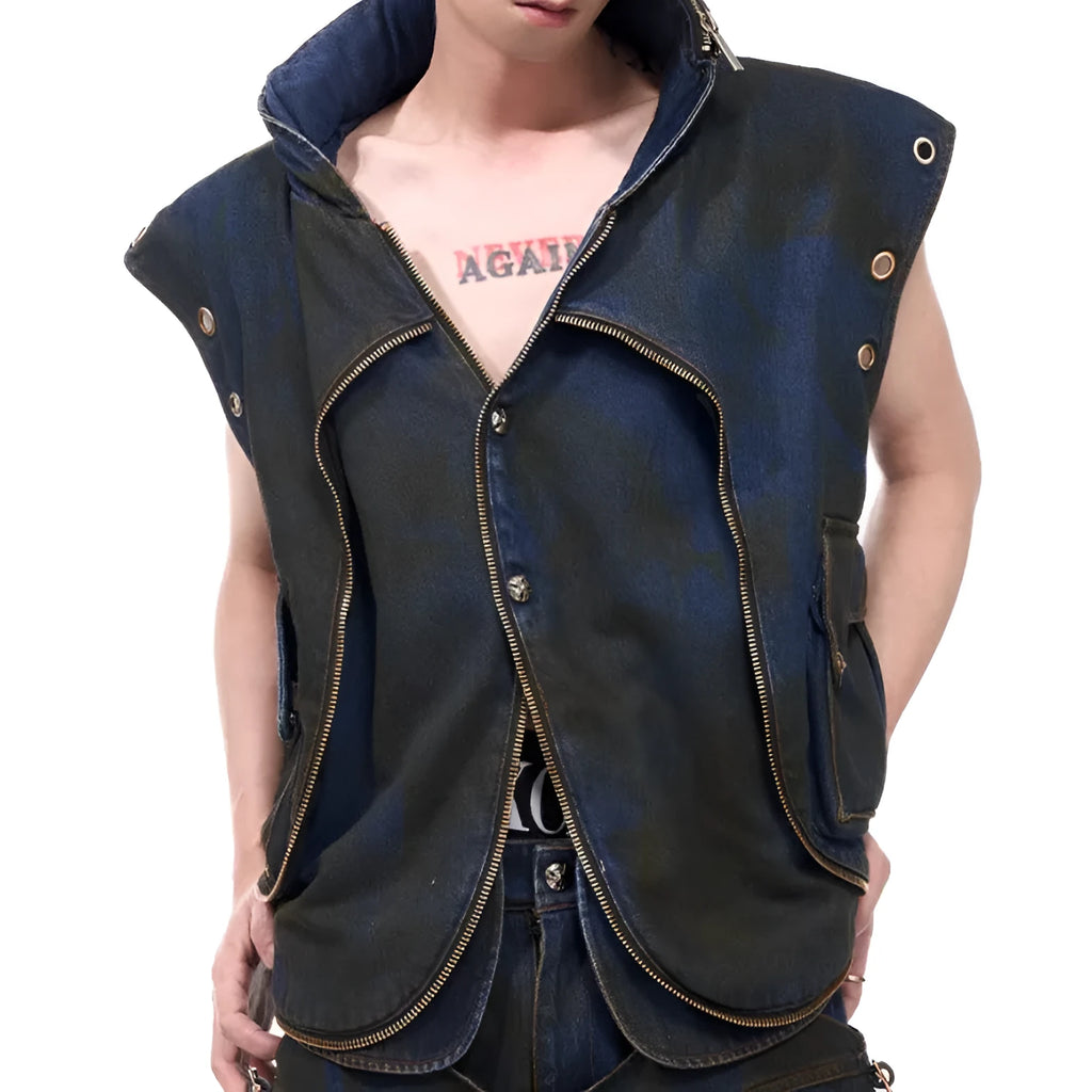 Blue hooded denim style vest coat with matching trousers in Korean fashion set