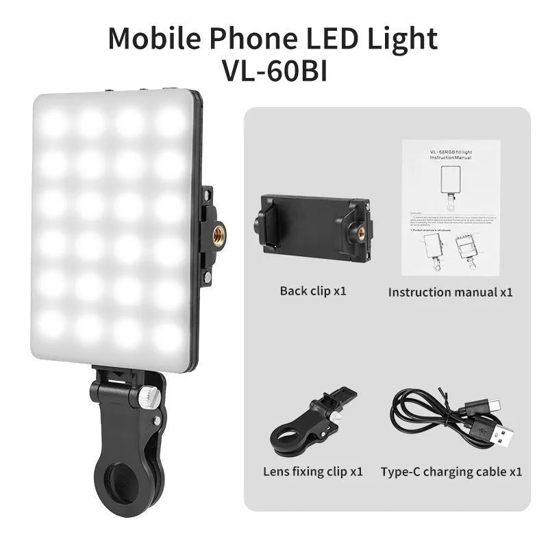 Pocket-sized clip-on LED fill light attached to a mobile phone for photography.
