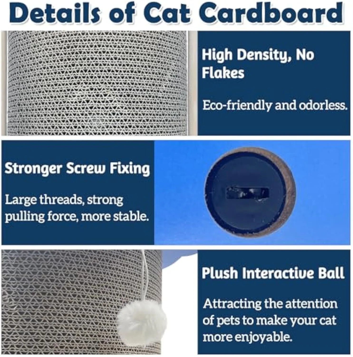 Grey cardboard cat corner scratching post with hanging yellow ball in a room corner.