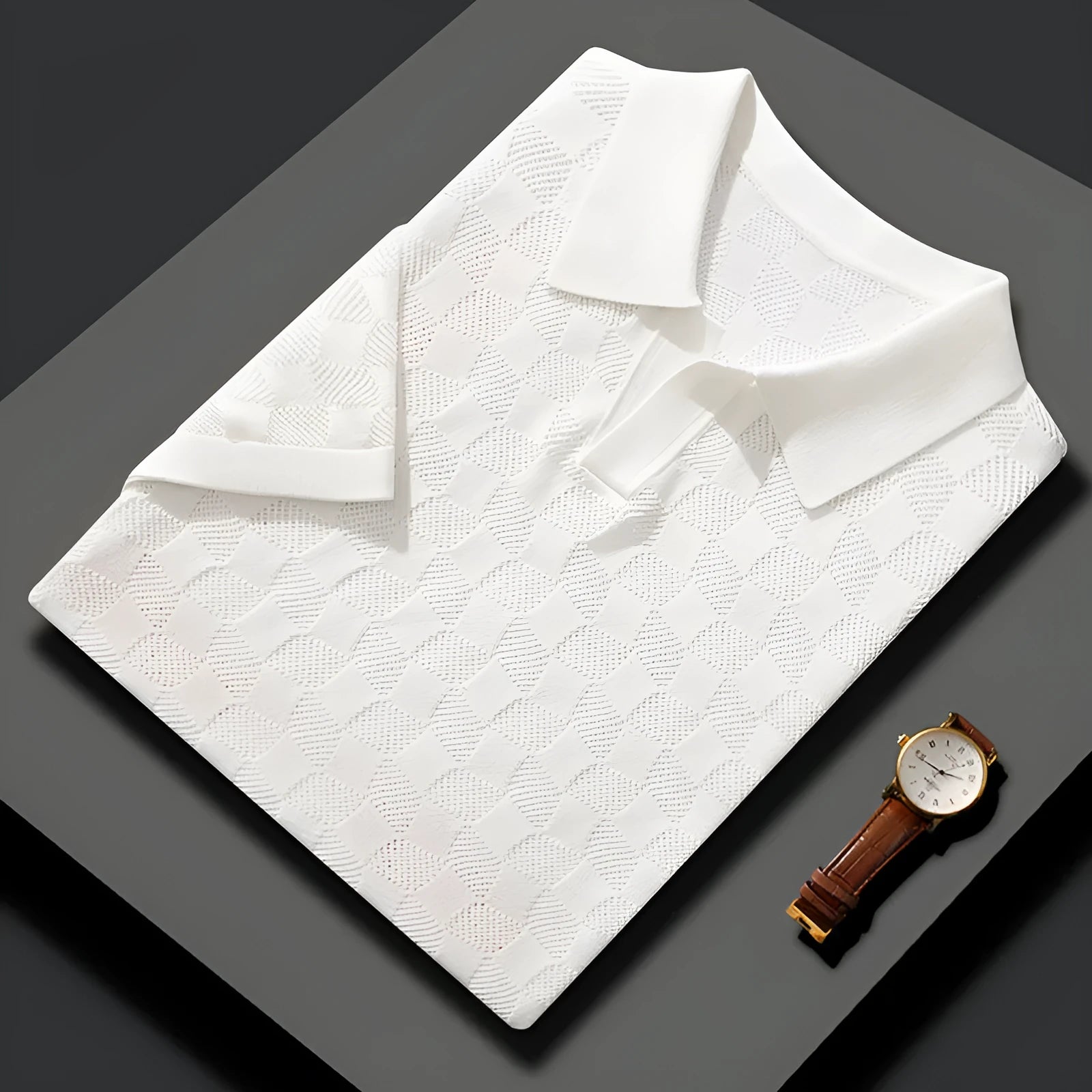 Men's short sleeve lapel sweater in mulberry silk with jacquard craft design