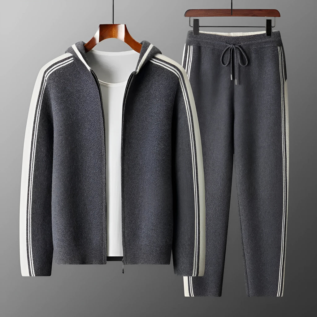 Men's wool cardigan hooded colour matching suit with long sleeves and trousers in dark blue