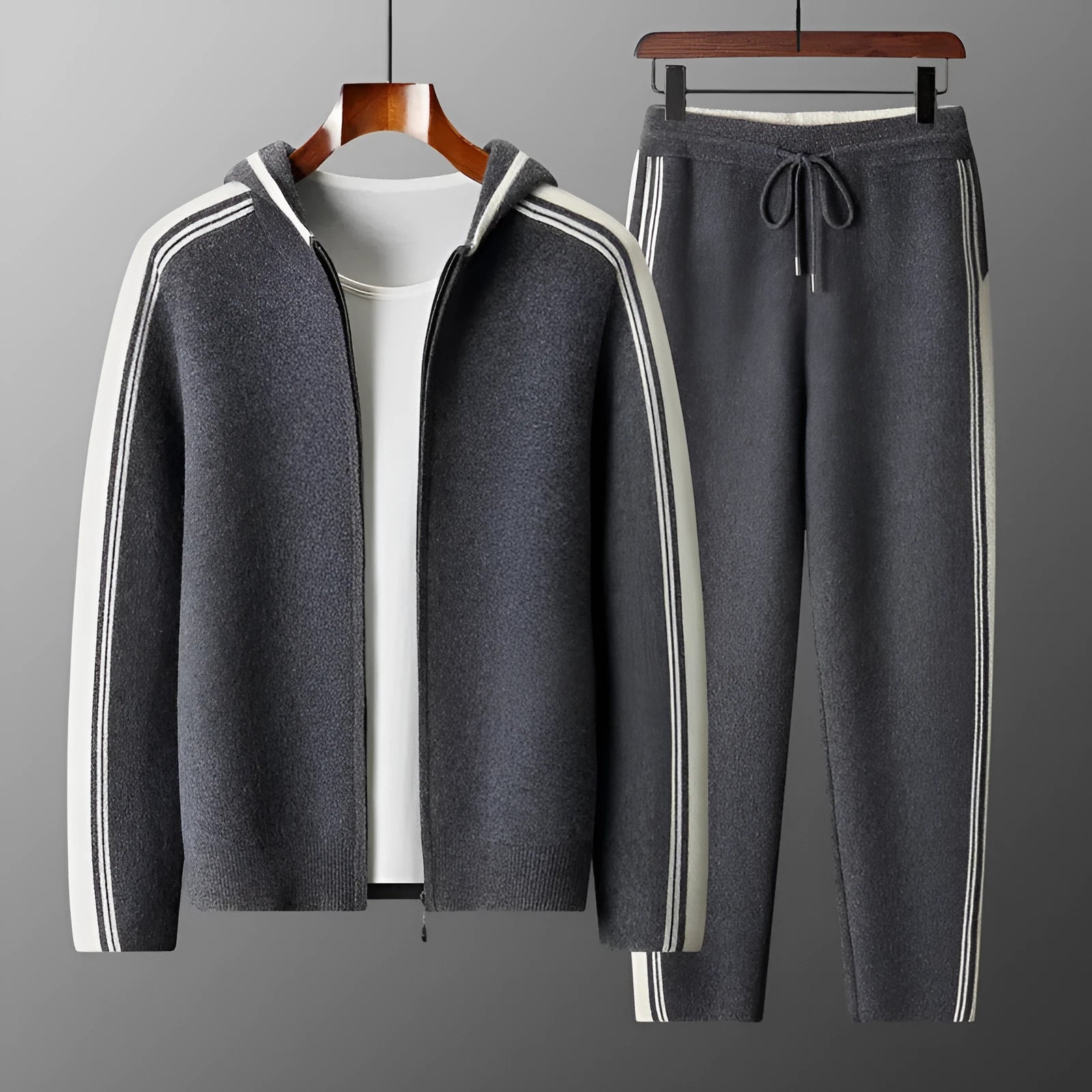 Men's wool cardigan hooded colour matching suit with long sleeves and trousers in dark blue