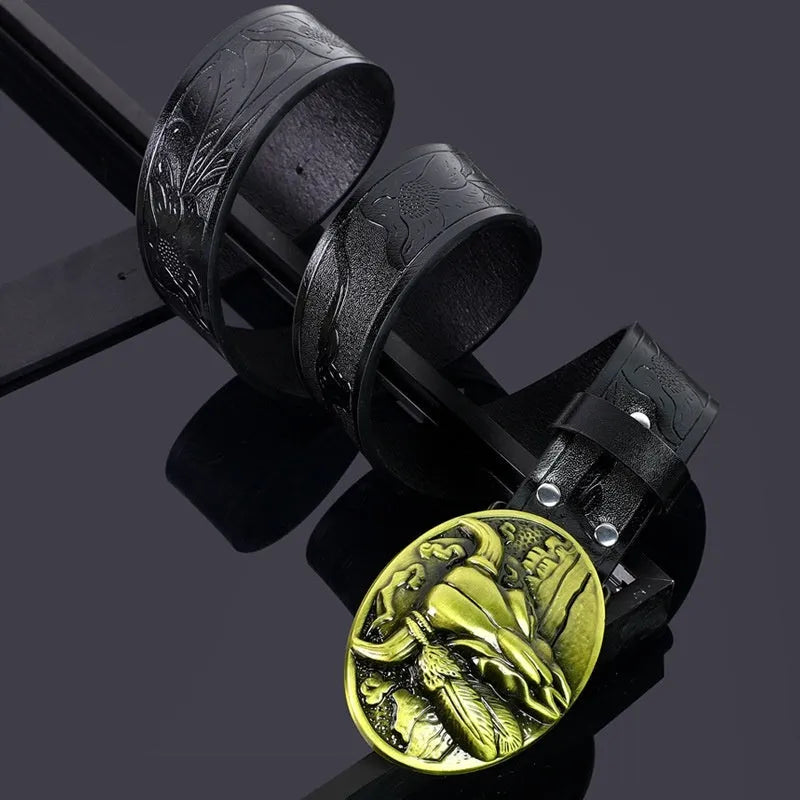Men's brown imitation leather belt with a detailed silver cow head alloy buckle and pin fastening.