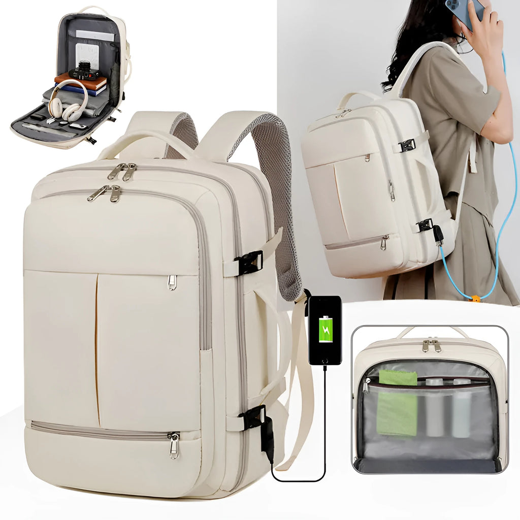 Large waterproof oxford backpack showing multiple pockets and 15.6 inch laptop compartment in available colours