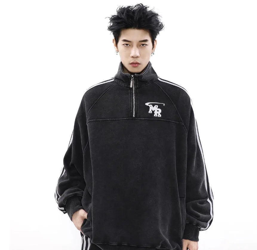 Black American retro stand collar long sleeve couple hoodie made from polyester fabric.