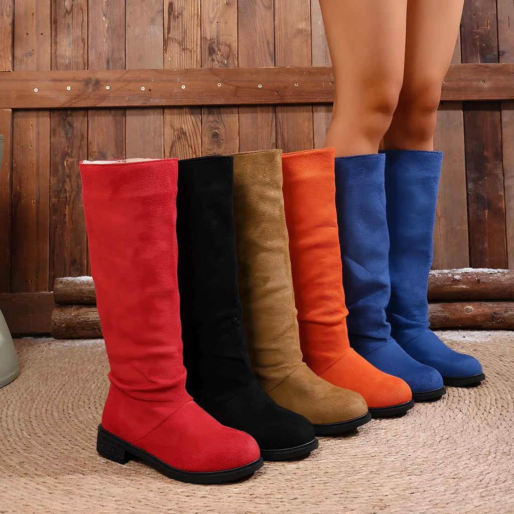 Women's cow suede high leg boots with chunky heel, below the knee, available in multiple colours, side view