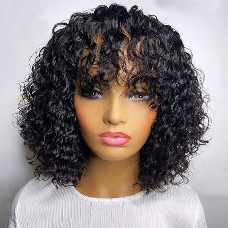 Full machine made BOB wig with water wave curls short hair length