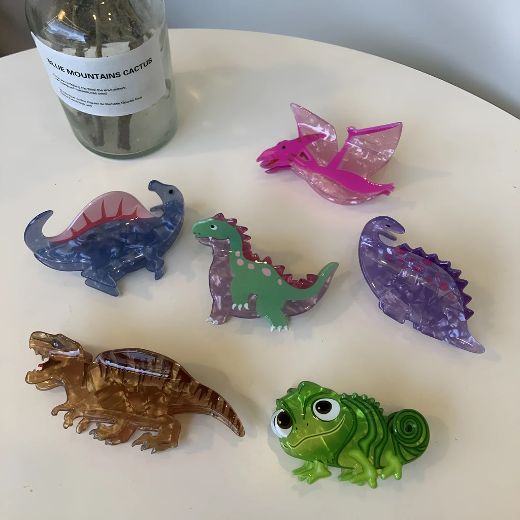 Dinosaur-themed acrylic jaw grip hairpin in six colour options for women's hair
