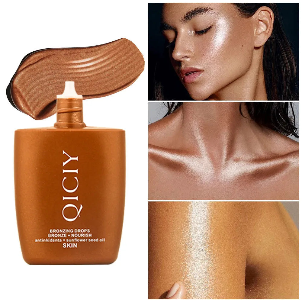 30ML bottle of face and body brightening contour liquid shown in one of four colour options.