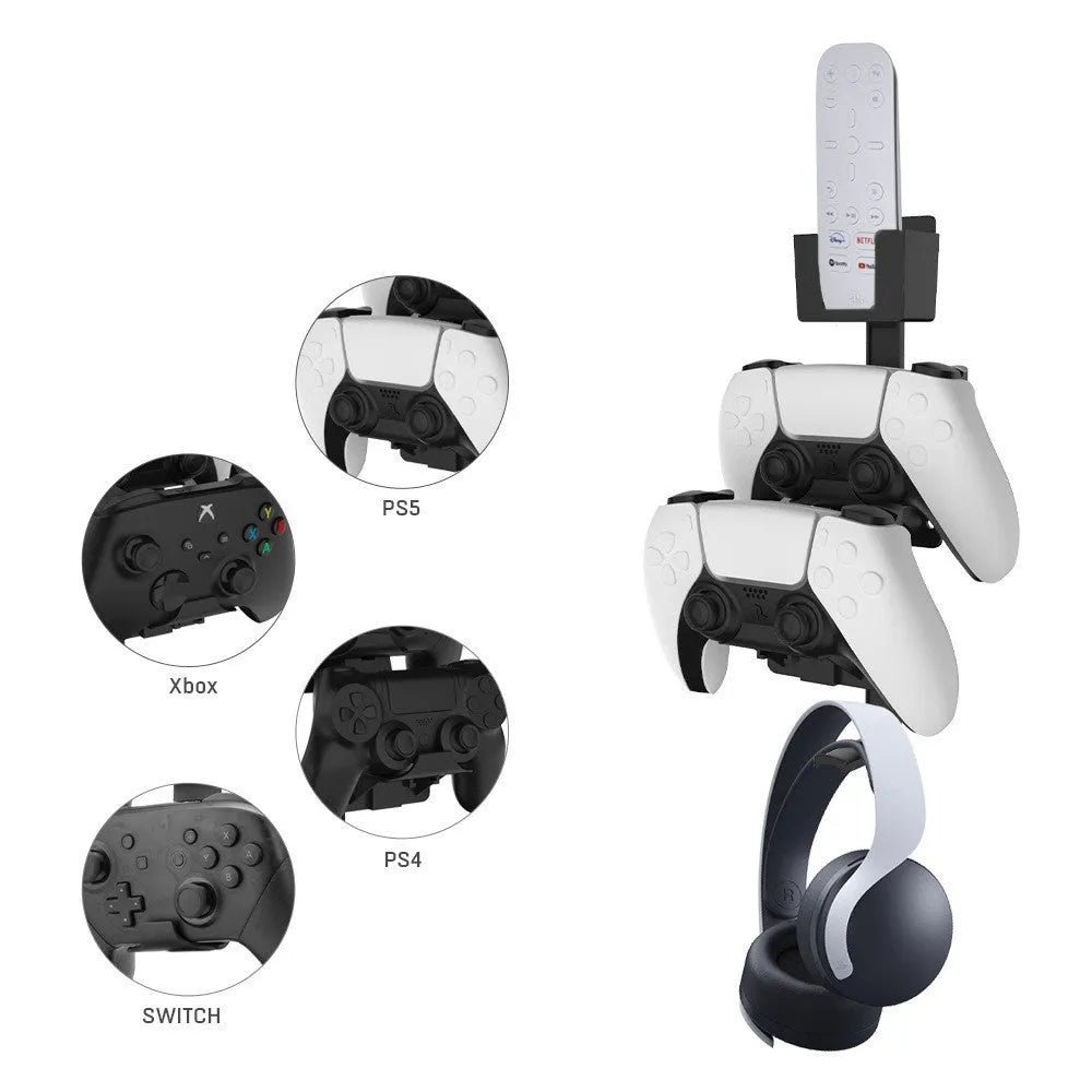 White adhesive wall hook holding a PS5 controller and gaming headset.