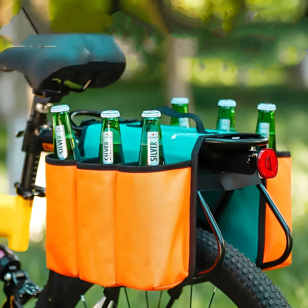 Black and orange double-sided bicycle beverage bag with 2L capacity and anti-scratch shelf