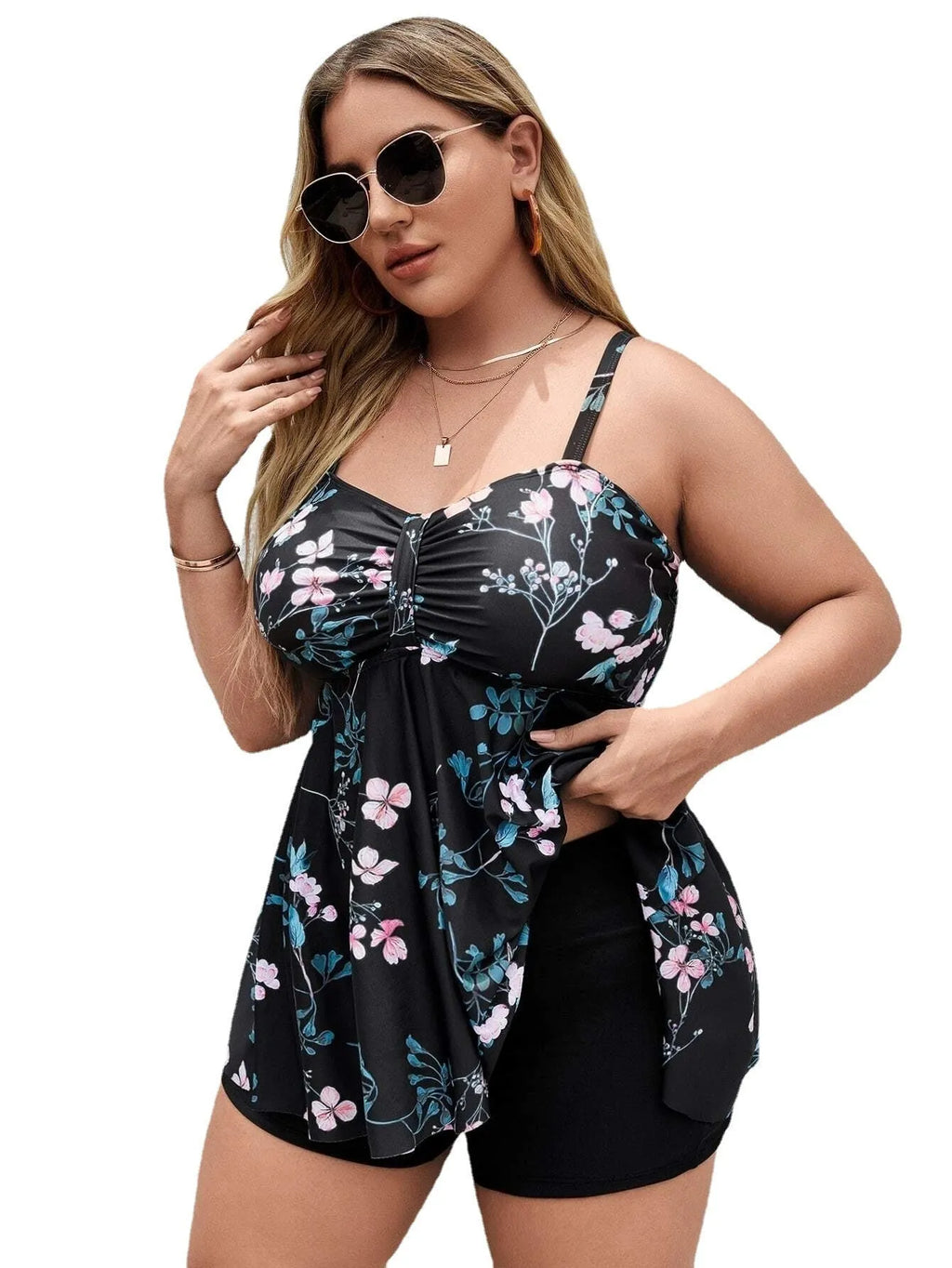 Women's floral print one-piece swimsuit in split colours, showing front design.