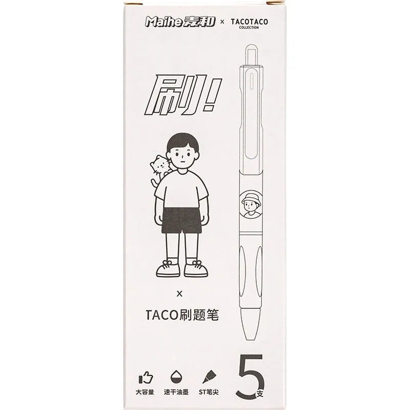 Five white ballpoint pens with black ink and 0.5mm tips arranged together.