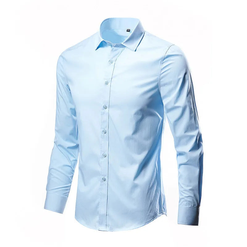Linen long-sleeve loose fit slim shirt shown in a choice of colours including black, white, and navy blue.