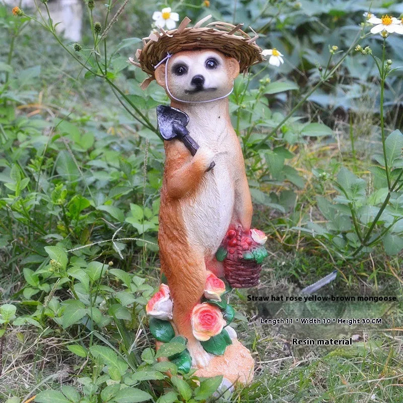 Straw hat mongoose garden ornament figurine in resin plastic.