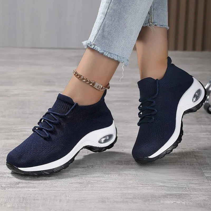 Women's flying knit sports shoes with waterproof platform, round toe, middle heel, available in multiple colours