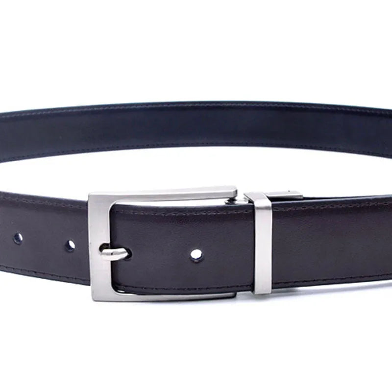 Men's brown and black leather belt with rotating pin buckle shown at 2-4cm width