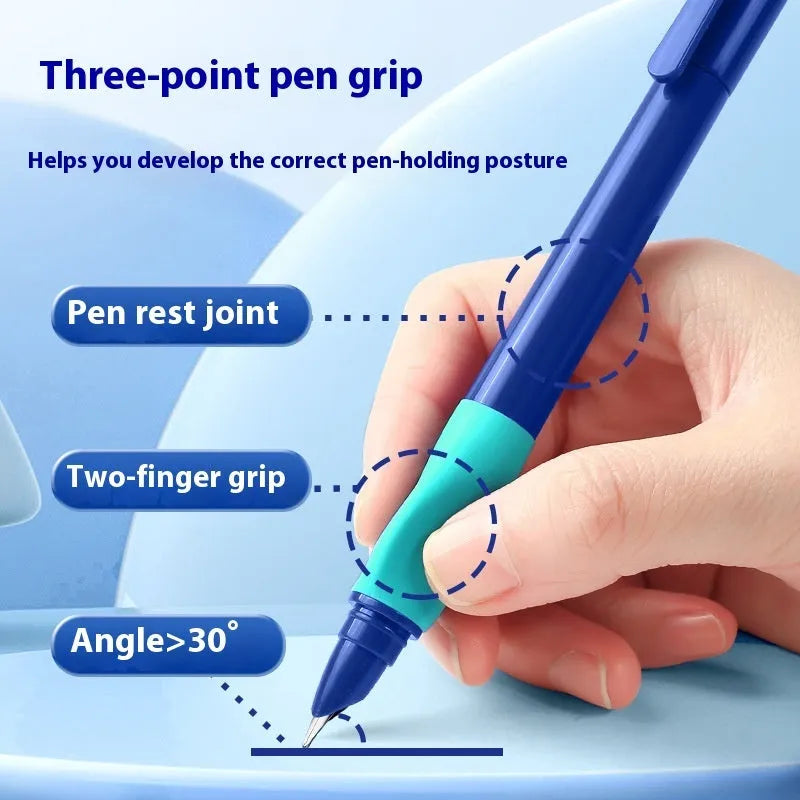Plastic posture correction pen in a box, showing colour options: blue, green gradient, purple, and orange.