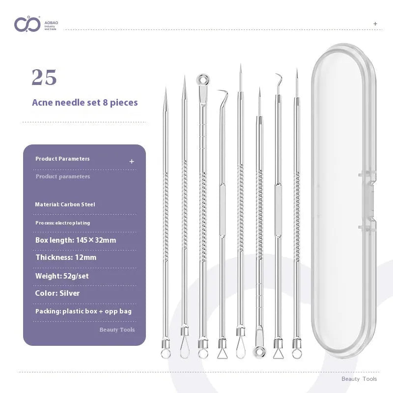 Four metal acne needles with ultra-fine pointed tips laid out in a set.