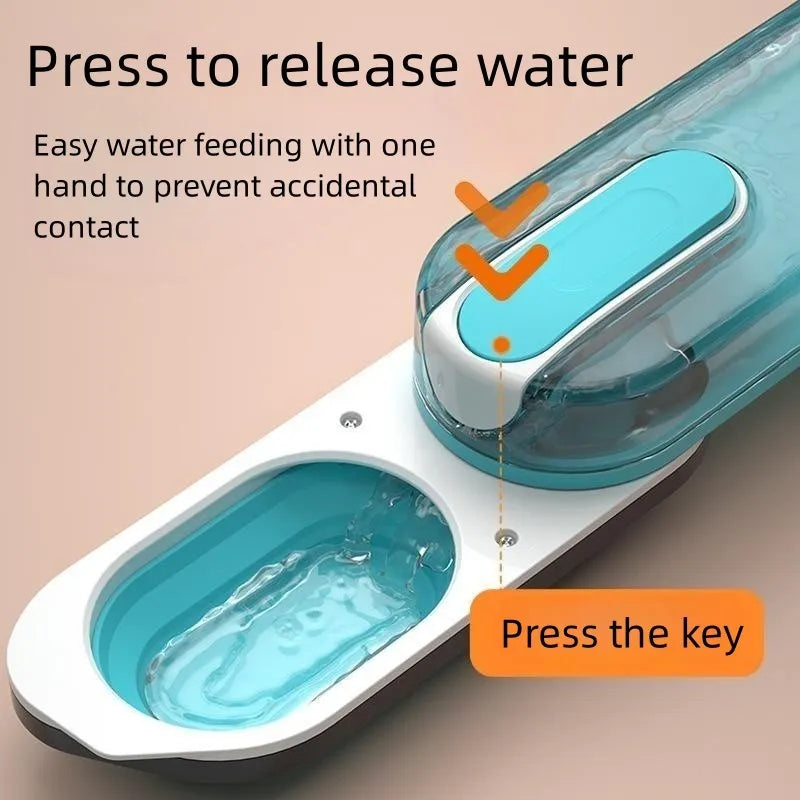 Blue, grey, or pink portable collapsible pet water bottle with integrated drinking bowl for dogs and cats.