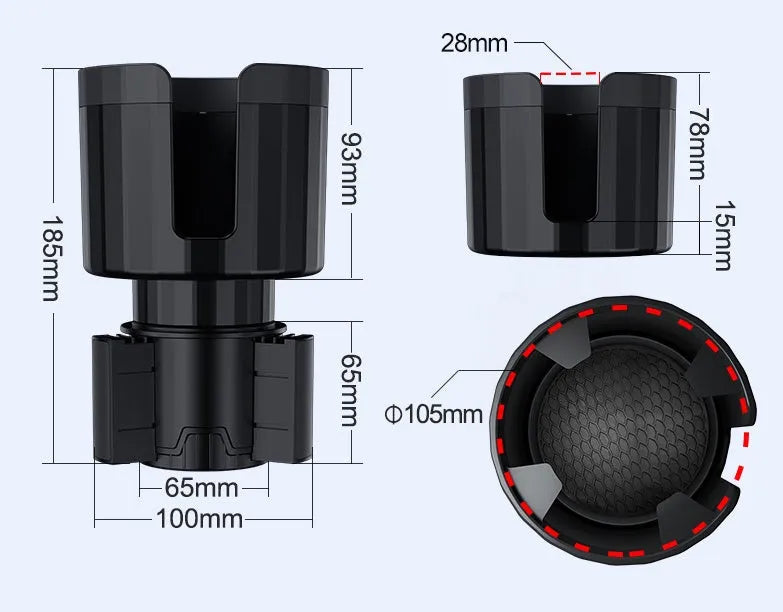 Matte black ABS car cup holder expander with adjustable base for large bottles.