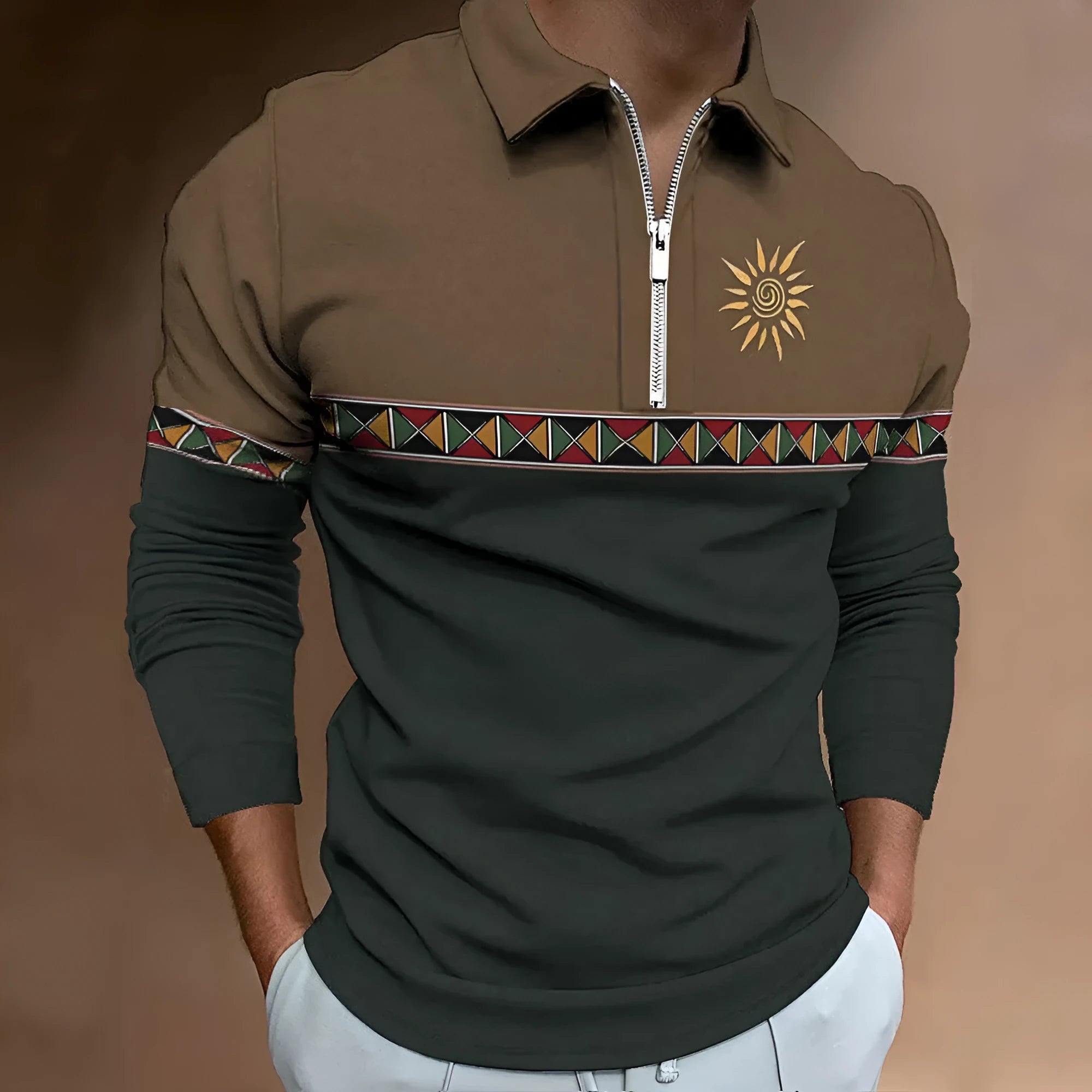 Men's loose fit long sleeve polo shirt with striped retro print and zipper details on sleeve.