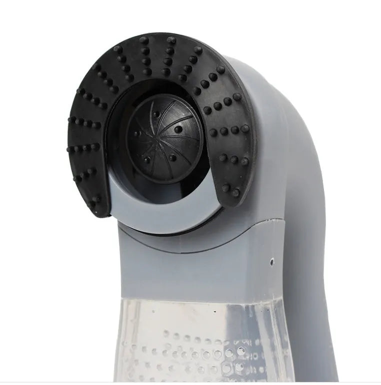 Grey portable pet hair removal vacuum with soft rubber head and large collection canister