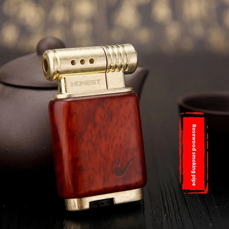 Ebony gas lighter with black wood finish and rosewood decorative detailing
