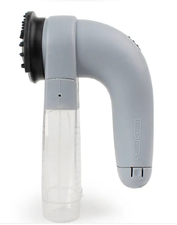 Grey portable pet hair removal vacuum with soft rubber head and large collection canister