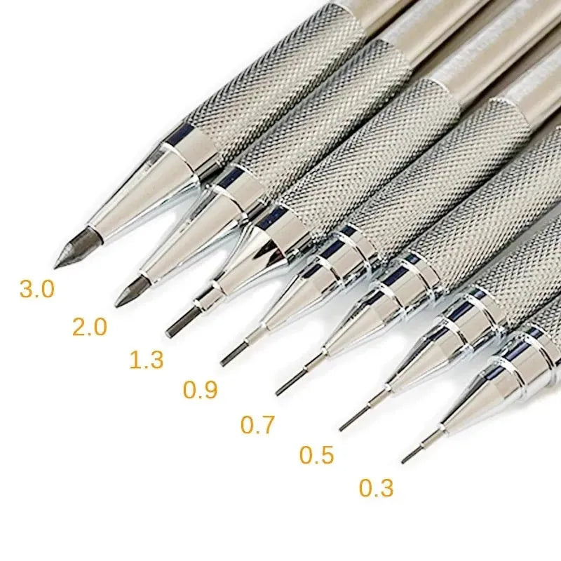Metal automatic mechanical pencil with multiple lead size options including 0.5mm, 0.7mm, 0.9mm, 1.3mm, and 2.0mm