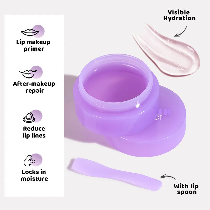 Exfoliating lip balm jar with scraper tool for moisturising and softening lip cutin