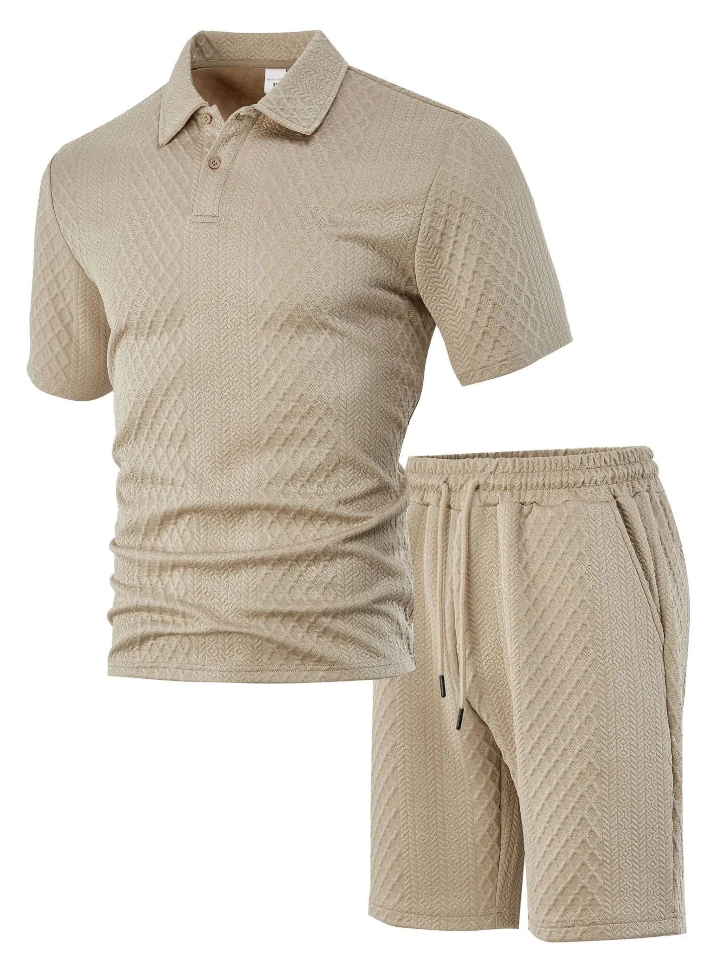 Man wearing a light grey thin figured cloth short sleeve polo shirt and trousers from a casual suit set.
