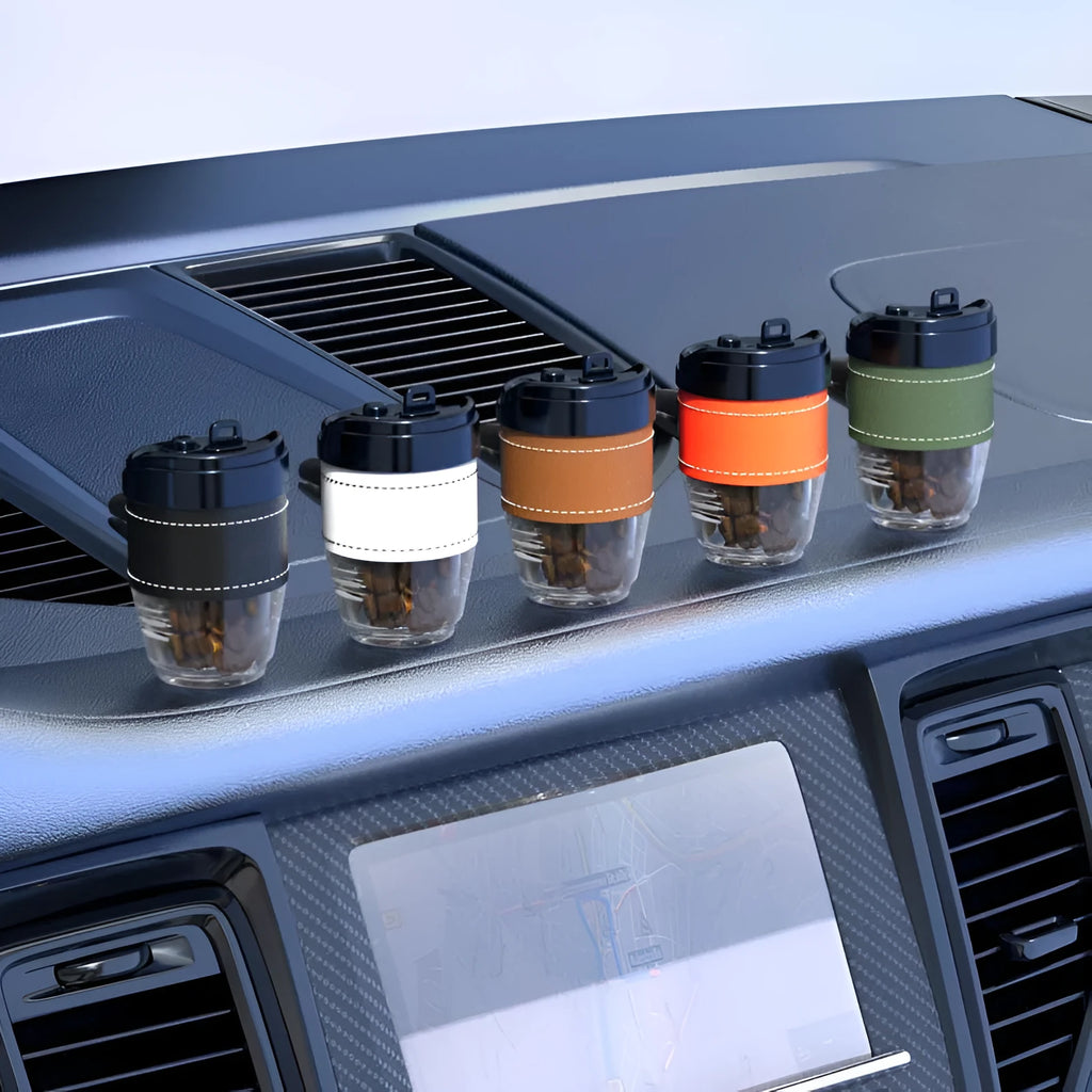 Coffee cup shaped car air freshener in multiple colours with coffee beans fragrance