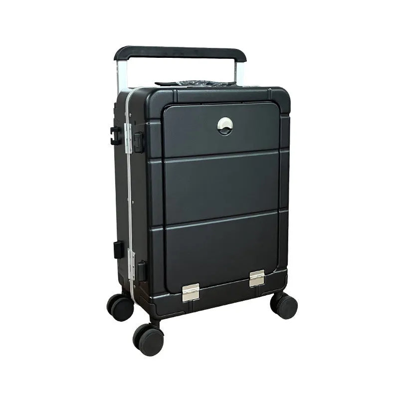 20-inch front opening suitcase showing dry-wet separation compartments in ABS PC material with universal wheels
