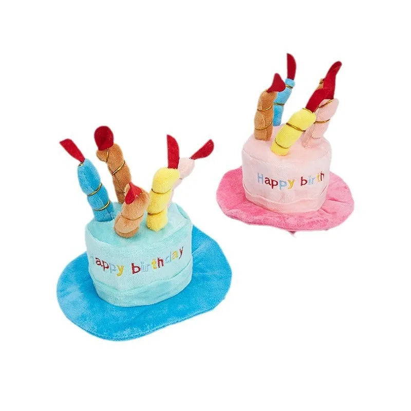 Blue dog birthday hat with attached toy measuring 21cm tall for small to medium breed celebrations