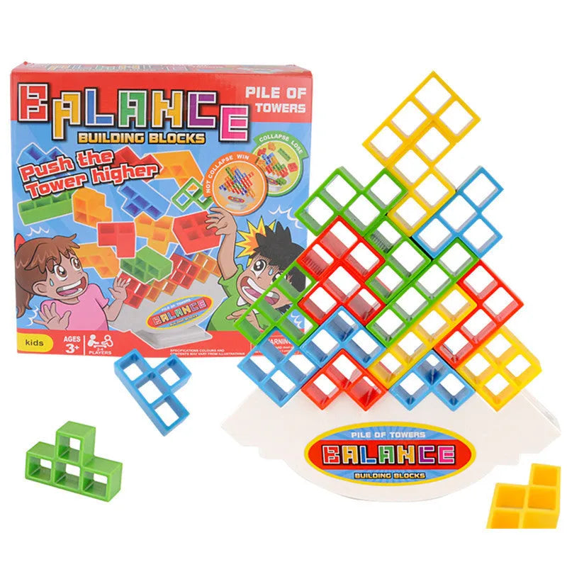 Plastic balance stacking game with 16 coloured building blocks on a chassis