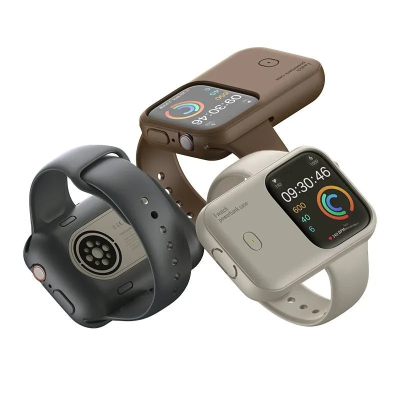Apple Watch portable wireless charging case power bank in brown, midnight blue, and starlight colours