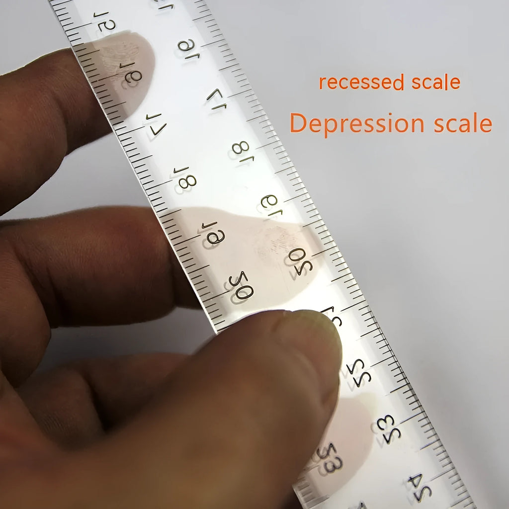 Transparent and orange yellow plastic T-shaped rulers with British and double centimetre scale markings